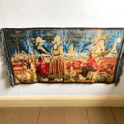LOT 301: Antique / Vintage Dutch Tapestry with Pair of Wooden Shoes
