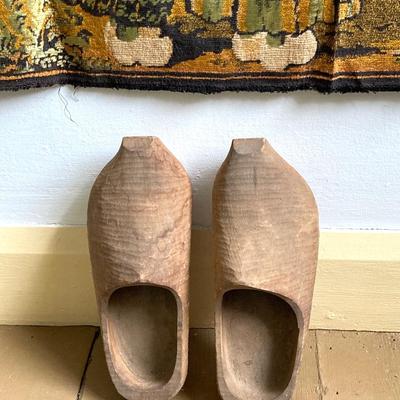 LOT 301: Antique / Vintage Dutch Tapestry with Pair of Wooden Shoes