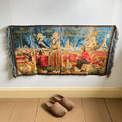 LOT 301: Antique / Vintage Dutch Tapestry with Pair of Wooden Shoes