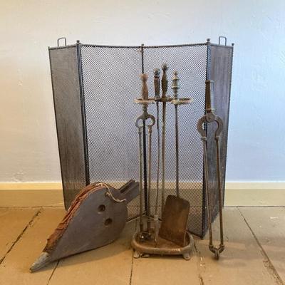 LOT 306: Antique / Vintage Fireplace Screen with Tools
