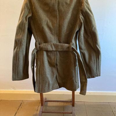 LOT 311: Vintage Associated Military Stores Olive Drab Double Breasted Military Coat with Military First Aid and Belt Kits