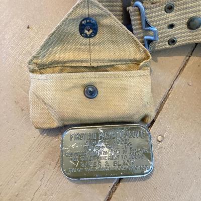 LOT 311: Vintage Associated Military Stores Olive Drab Double Breasted Military Coat with Military First Aid and Belt Kits