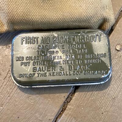 LOT 311: Vintage Associated Military Stores Olive Drab Double Breasted Military Coat with Military First Aid and Belt Kits