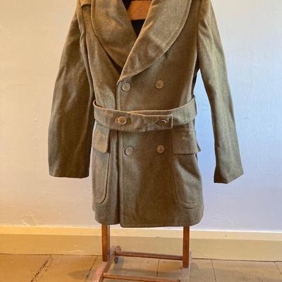 LOT 311: Vintage Associated Military Stores Olive Drab Double Breasted Military Coat with Military First Aid and Belt Kits
