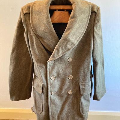LOT 311: Vintage Associated Military Stores Olive Drab Double Breasted Military Coat with Military First Aid and Belt Kits