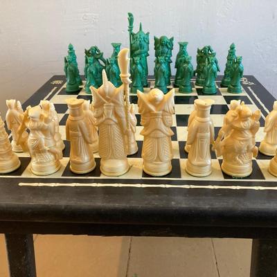 LOT 313: Vintage Transco Adult Games Wooden Chess / Checkers Table with Mandarin Celluloid Chess Set and Nonpareil Checkers