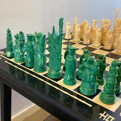 LOT 313: Vintage Transco Adult Games Wooden Chess / Checkers Table with Mandarin Celluloid Chess Set and Nonpareil Checkers