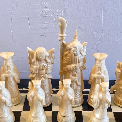 LOT 313: Vintage Transco Adult Games Wooden Chess / Checkers Table with Mandarin Celluloid Chess Set and Nonpareil Checkers