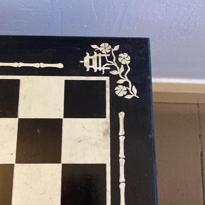 LOT 313: Vintage Transco Adult Games Wooden Chess / Checkers Table with Mandarin Celluloid Chess Set and Nonpareil Checkers