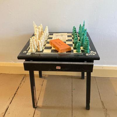 LOT 313: Vintage Transco Adult Games Wooden Chess / Checkers Table with Mandarin Celluloid Chess Set and Nonpareil Checkers