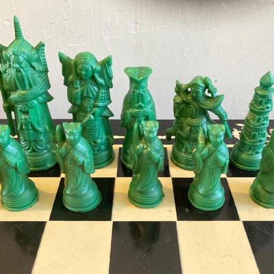 LOT 313: Vintage Transco Adult Games Wooden Chess / Checkers Table with Mandarin Celluloid Chess Set and Nonpareil Checkers
