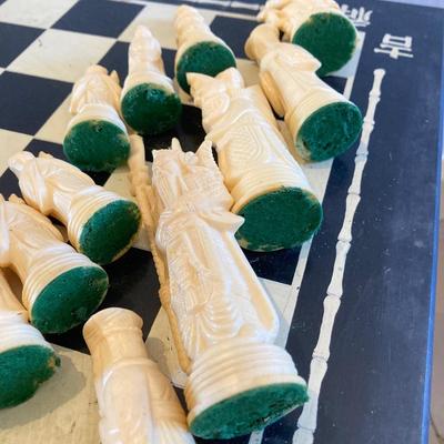 LOT 313: Vintage Transco Adult Games Wooden Chess / Checkers Table with Mandarin Celluloid Chess Set and Nonpareil Checkers