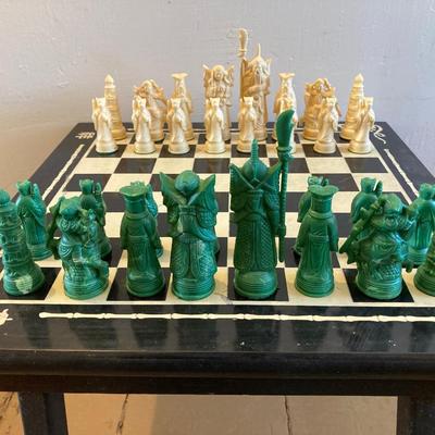 LOT 313: Vintage Transco Adult Games Wooden Chess / Checkers Table with Mandarin Celluloid Chess Set and Nonpareil Checkers