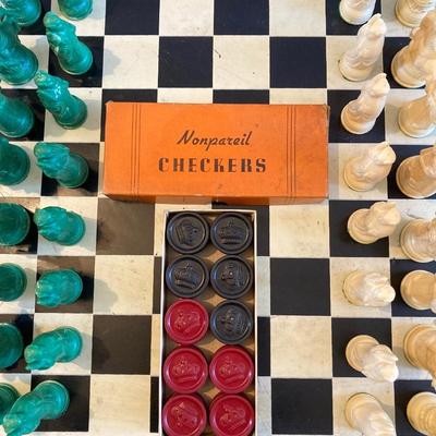 LOT 313: Vintage Transco Adult Games Wooden Chess / Checkers Table with Mandarin Celluloid Chess Set and Nonpareil Checkers