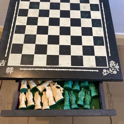 LOT 313: Vintage Transco Adult Games Wooden Chess / Checkers Table with Mandarin Celluloid Chess Set and Nonpareil Checkers
