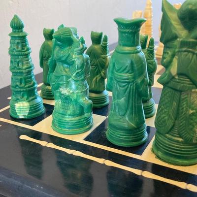 LOT 313: Vintage Transco Adult Games Wooden Chess / Checkers Table with Mandarin Celluloid Chess Set and Nonpareil Checkers