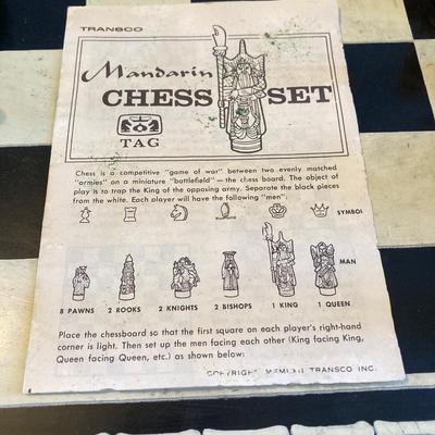 LOT 313: Vintage Transco Adult Games Wooden Chess / Checkers Table with Mandarin Celluloid Chess Set and Nonpareil Checkers