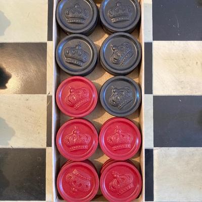 LOT 313: Vintage Transco Adult Games Wooden Chess / Checkers Table with Mandarin Celluloid Chess Set and Nonpareil Checkers