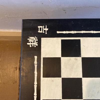 LOT 313: Vintage Transco Adult Games Wooden Chess / Checkers Table with Mandarin Celluloid Chess Set and Nonpareil Checkers