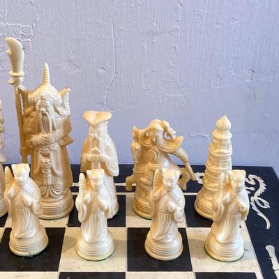 LOT 313: Vintage Transco Adult Games Wooden Chess / Checkers Table with Mandarin Celluloid Chess Set and Nonpareil Checkers