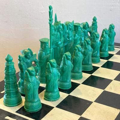 LOT 313: Vintage Transco Adult Games Wooden Chess / Checkers Table with Mandarin Celluloid Chess Set and Nonpareil Checkers