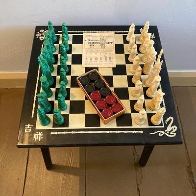 LOT 313: Vintage Transco Adult Games Wooden Chess / Checkers Table with Mandarin Celluloid Chess Set and Nonpareil Checkers