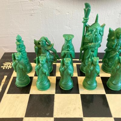 LOT 313: Vintage Transco Adult Games Wooden Chess / Checkers Table with Mandarin Celluloid Chess Set and Nonpareil Checkers