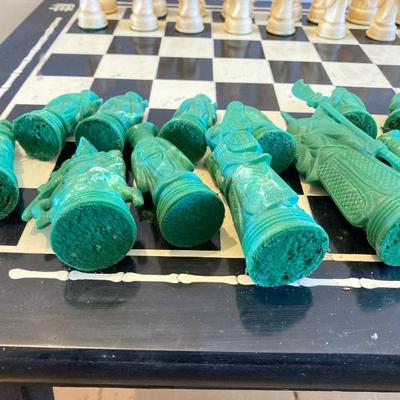 LOT 313: Vintage Transco Adult Games Wooden Chess / Checkers Table with Mandarin Celluloid Chess Set and Nonpareil Checkers
