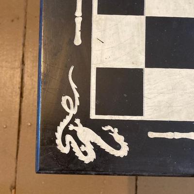 LOT 313: Vintage Transco Adult Games Wooden Chess / Checkers Table with Mandarin Celluloid Chess Set and Nonpareil Checkers