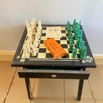 LOT 313: Vintage Transco Adult Games Wooden Chess / Checkers Table with Mandarin Celluloid Chess Set and Nonpareil Checkers