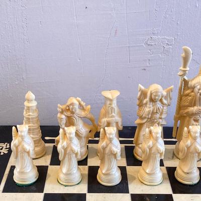 LOT 313: Vintage Transco Adult Games Wooden Chess / Checkers Table with Mandarin Celluloid Chess Set and Nonpareil Checkers