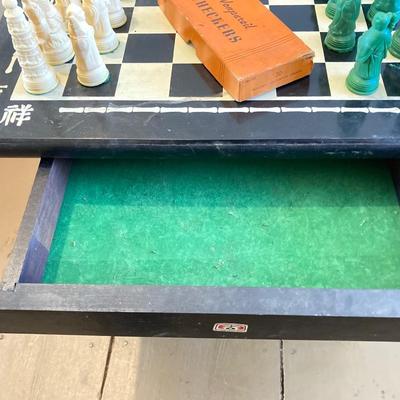 LOT 313: Vintage Transco Adult Games Wooden Chess / Checkers Table with Mandarin Celluloid Chess Set and Nonpareil Checkers