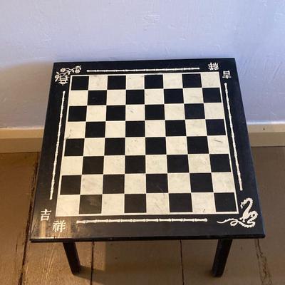 LOT 313: Vintage Transco Adult Games Wooden Chess / Checkers Table with Mandarin Celluloid Chess Set and Nonpareil Checkers