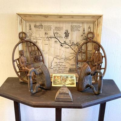 LOT 318: Vintage Framed The Midnight Rides of Paul Revere, Syroco Wall Hangings, Insurance Co Picture Cards and Three Sad Irons
