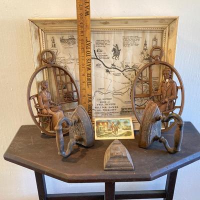 LOT 318: Vintage Framed The Midnight Rides of Paul Revere, Syroco Wall Hangings, Insurance Co Picture Cards and Three Sad Irons