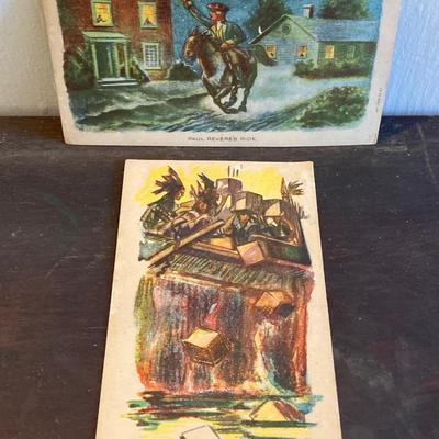 LOT 318: Vintage Framed The Midnight Rides of Paul Revere, Syroco Wall Hangings, Insurance Co Picture Cards and Three Sad Irons