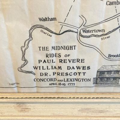LOT 318: Vintage Framed The Midnight Rides of Paul Revere, Syroco Wall Hangings, Insurance Co Picture Cards and Three Sad Irons