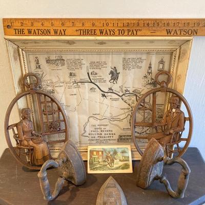 LOT 318: Vintage Framed The Midnight Rides of Paul Revere, Syroco Wall Hangings, Insurance Co Picture Cards and Three Sad Irons