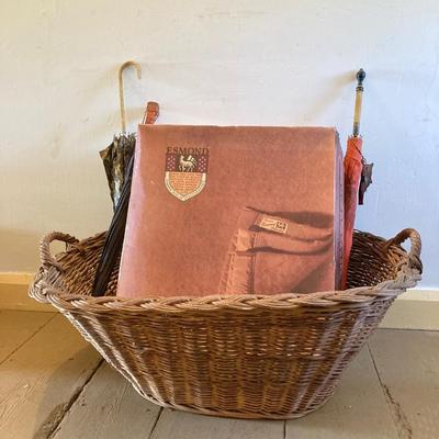 LOT 322: Esmond Slumberest Blanket in Original Box, Beacon Winsor Blanket in Original Box, Large Wicker Basket and Three Vintage Umbrellas