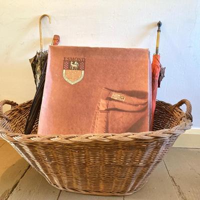 LOT 322: Esmond Slumberest Blanket in Original Box, Beacon Winsor Blanket in Original Box, Large Wicker Basket and Three Vintage Umbrellas