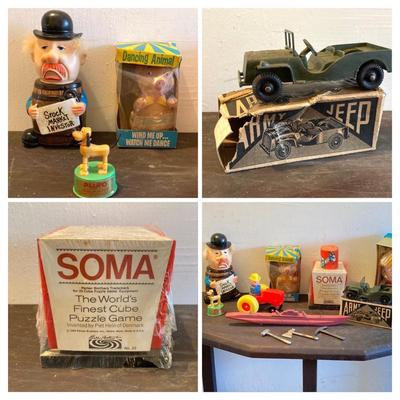 LOT 323: Vintage Toy Collection - Tootsie Toy Military Jeep, Miniature Tools, Stock Market Investor Bank, Western Union Dolly Gram, Soma...