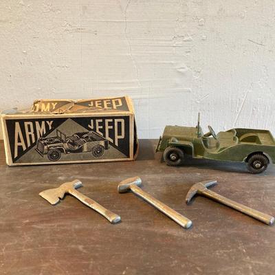 LOT 323: Vintage Toy Collection - Tootsie Toy Military Jeep, Miniature Tools, Stock Market Investor Bank, Western Union Dolly Gram, Soma...