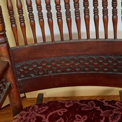 LOT 325: Vintage/Antique Wood and Red Upholstered Rocking Chair with Matching Ottoman