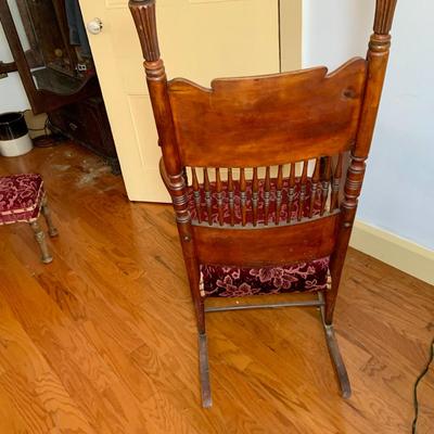LOT 325: Vintage/Antique Wood and Red Upholstered Rocking Chair with Matching Ottoman