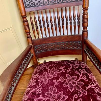 LOT 325: Vintage/Antique Wood and Red Upholstered Rocking Chair with Matching Ottoman