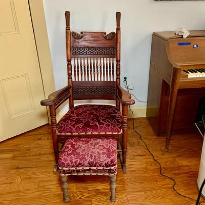 LOT 325: Vintage/Antique Wood and Red Upholstered Rocking Chair with Matching Ottoman