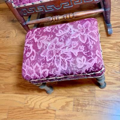 LOT 325: Vintage/Antique Wood and Red Upholstered Rocking Chair with Matching Ottoman