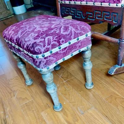 LOT 325: Vintage/Antique Wood and Red Upholstered Rocking Chair with Matching Ottoman