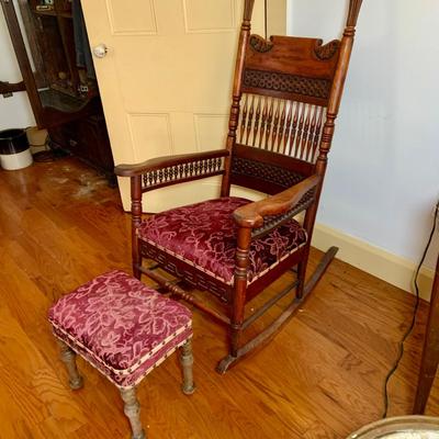 LOT 325: Vintage/Antique Wood and Red Upholstered Rocking Chair with Matching Ottoman