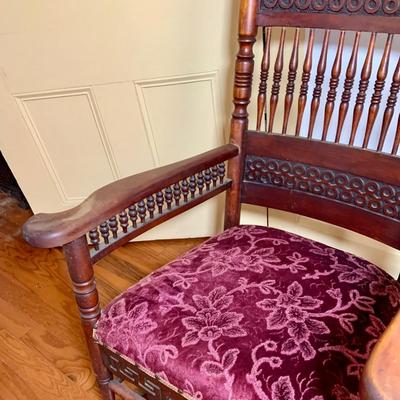 LOT 325: Vintage/Antique Wood and Red Upholstered Rocking Chair with Matching Ottoman